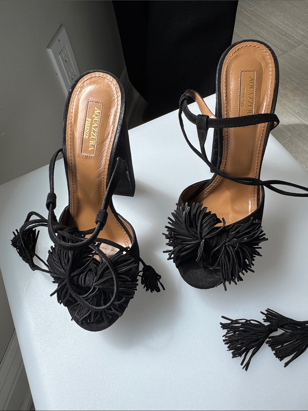 Aquazzura Black Suede Tassel Tie Heel Sandals